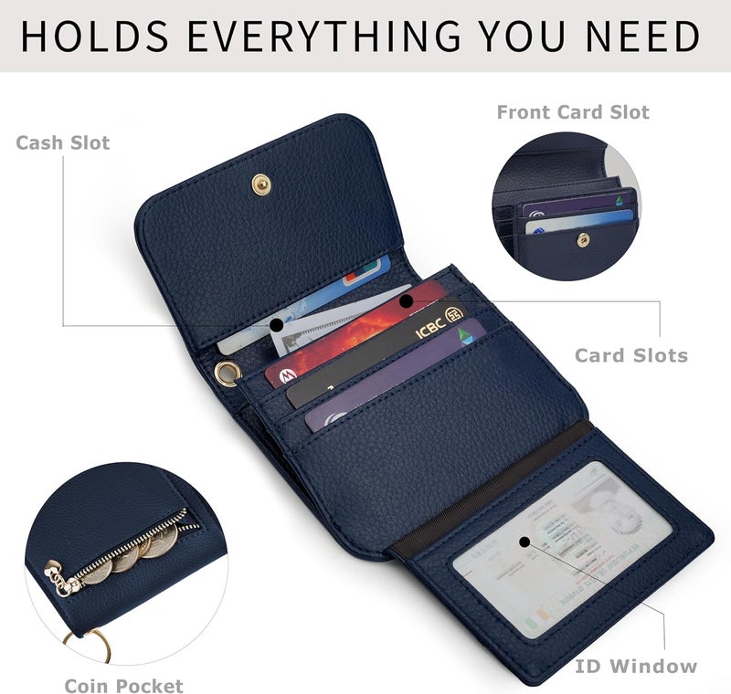 Sunpour Women Small Wallet RFID Blocking Slim Wallet with Coin Pocket Tri-Fold Credit Card Holder with ID Window and Keychain(Navy Blue) - Image 5